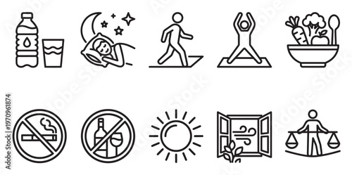 A collection of line art icons illustrating healthy lifestyle choices like drinking water, sleeping well, exercising, eating vegetables, and avoiding smoking and alcohol.
