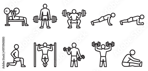 A collection of simple black and white line art icons depicting various human exercises and gym workouts, perfect for fitness and health concepts.