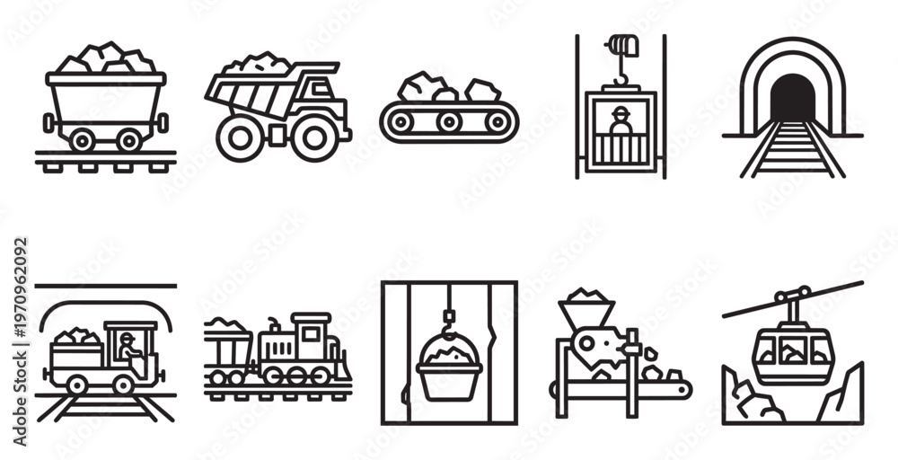 Fototapeta premium A collection of black and white line art icons depicting various aspects of the mining industry, including transportation, machinery, and extraction processes.
