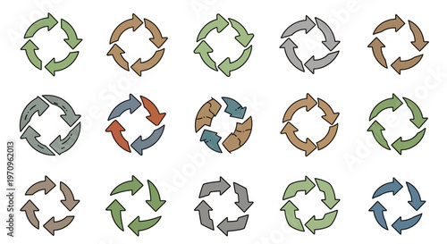 Hand drawn circular arrow set, refresh, recycle, loop, rotation icons