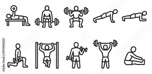A collection of simple black and white line art icons depicting various fitness exercises and workout activities performed by stick figures in a gym setting.