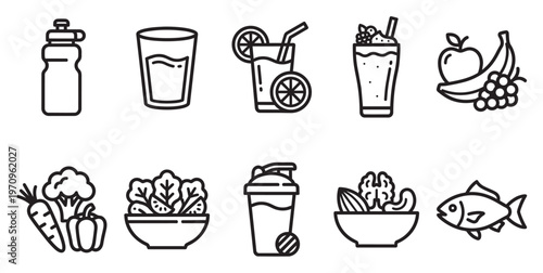 A collection of line art icons representing healthy food and drink choices, including fruits, vegetables, smoothies, and fish, ideal for health and wellness concepts.