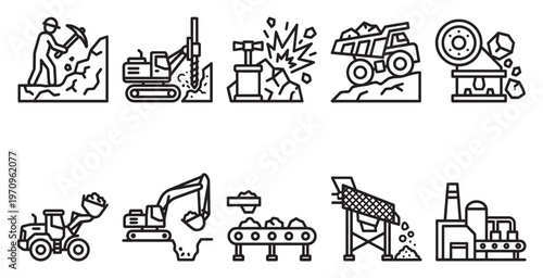 A collection of clean, line-art icons illustrating various stages of the mining process, from extraction to processing.