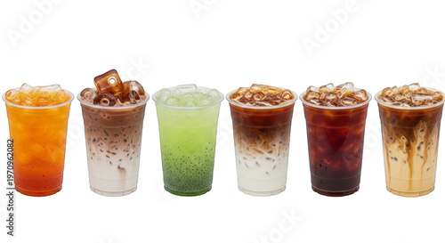 Assorted flavors of cold drinks with ice in clear plastic cups isolated on transparent background
