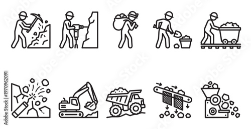 A set of minimalist line art icons illustrating various stages of mining operations, from extraction to processing.
