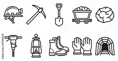 A collection of simple black line art icons representing mining industry equipment, tools, and supplies against a white background.