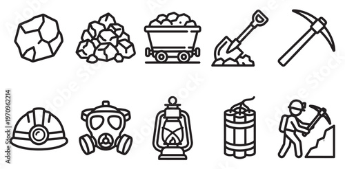 A collection of simple line art icons representing mining tools, equipment, and resources, conveying industry and hard work.