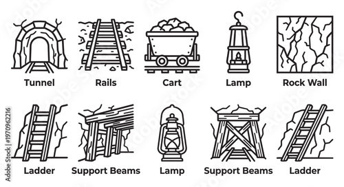 A collection of black and white vector icons representing mining elements such as a tunnel, rails, cart, lamp, rock wall, ladder, and support beams.