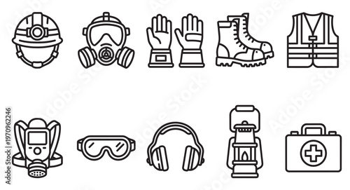A set of ten black and white outline icons representing various safety and work equipment, including a hard hat, gas mask, gloves, boots, vest, headphones, goggles, lantern, and first aid kit.