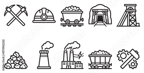 A clean vector set of industrial mining icons including a pickaxe, helmet, mine cart, mine entrance, tower, coal pile, factory, and gears.