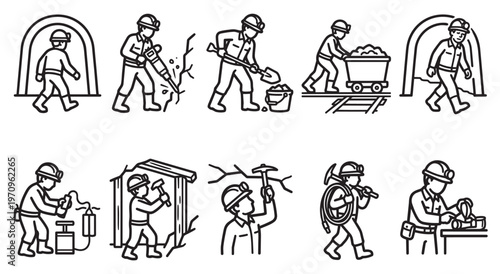 A collection of simple line art icons depicting miners performing various tasks in a mine, including digging, hauling, and using tools.