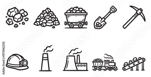 A collection of hand-drawn black and white icons representing various aspects of the coal mining industry, from raw materials to transportation and power generation.