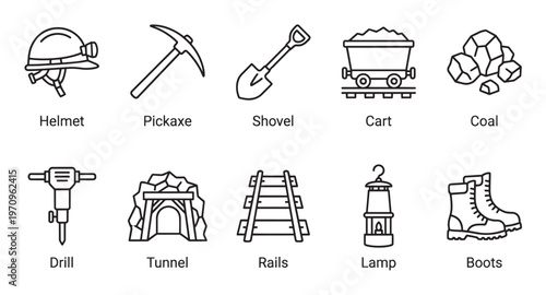 A collection of clean, minimalist outline icons depicting various mining tools and equipment, useful for illustrating industry and labor.