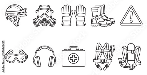 A collection of black and white outline icons representing various safety and protection equipment used in industrial and hazardous environments.