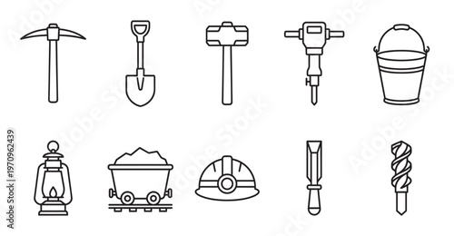 A collection of black line art icons depicting various mining tools and equipment, including a pickaxe, shovel, hammer, jackhammer, bucket, lantern, mine cart, hard hat, chisel, and drill bit.