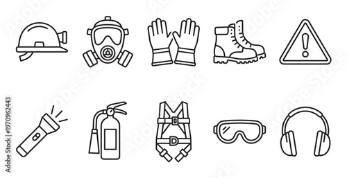 A collection of flat, black and white line icons representing various safety gear and warning signs, perfect for industrial or personal safety concepts.