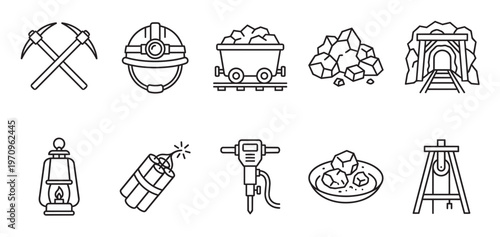 Collection of black line art icons depicting mining industry equipment and tools on a white background, ideal for concepts of extraction and labor.