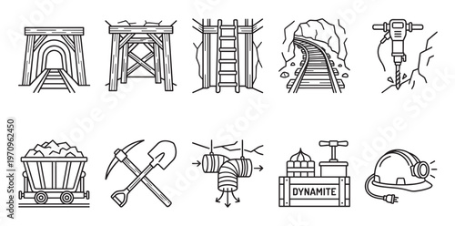 A collection of black and white outline icons depicting various elements of the mining industry, including mine entrances, carts, tools, and safety gear.