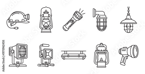 A collection of various light source icons, including a miner's helmet, oil lantern, flashlight, industrial lamp, and ceiling light, presented in a clean outline style.