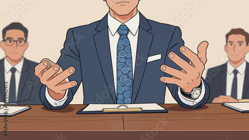 Business meeting in a conference room with three men in suits discussing important topics for their company