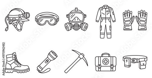 A collection of illustrated personal protective equipment and tools for mining and heavy industry, presented in a clean line art style on a white background.