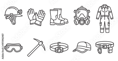A collection of black and white line art icons depicting various safety and work equipment, suitable for industrial or hazardous environments.