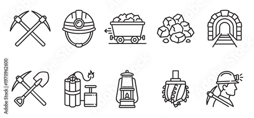 A clean vector illustration featuring a collection of mining-related icons, including tools, equipment, and safety gear, on a white background.