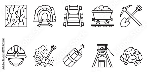 A collection of line art icons representing various aspects of the mining industry, including tools, equipment, and resources, on a white background.