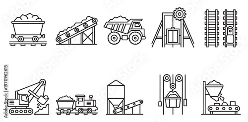 A collection of line art icons representing mining operations including dump trucks conveyor belts trains and excavators for industrial and resource extraction themes.