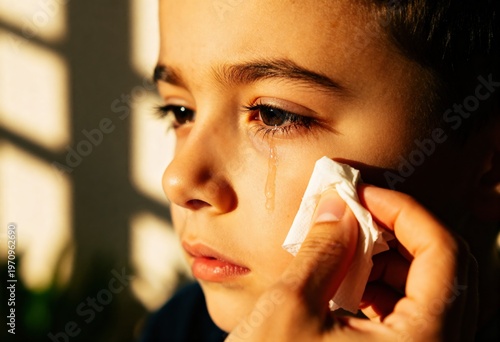 Emotional close-up of a crying child with a visible tear being delicately wiped away by a tissue, bathed in warm, evocative light, symbolizing empathy and solace.