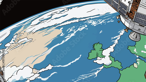 View of Earth from space with a focus on Europe and surrounding ocean areas during daylight hours