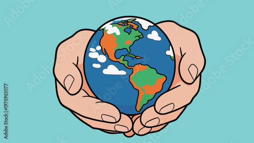 People holding a globe with emphasis on North and South America and clouds in a simple design