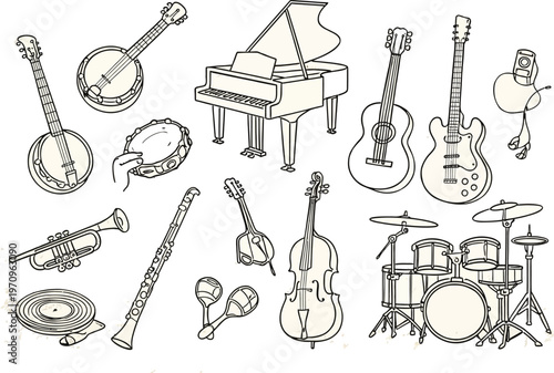 Music instrument silhouette icon set. band instruments silhouettes collection
