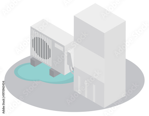 アイソメトリックな室外機から水漏れしている給湯器のイメージ素材