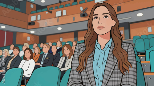 Woman sitting in auditorium during event with audience in background listening carefully to presentation