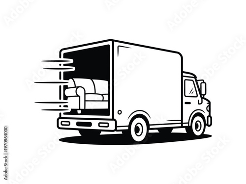 A moving truck with furniture being loaded into it quickly