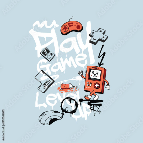 Play Game level Up Graffiti video game pad vector illustration graphic tee