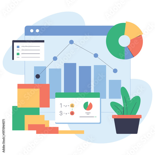 Flat of business data charts and analytics dashboard