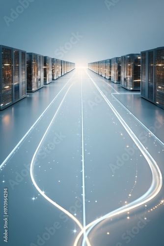 Server racks linked by illuminated data paths in data center