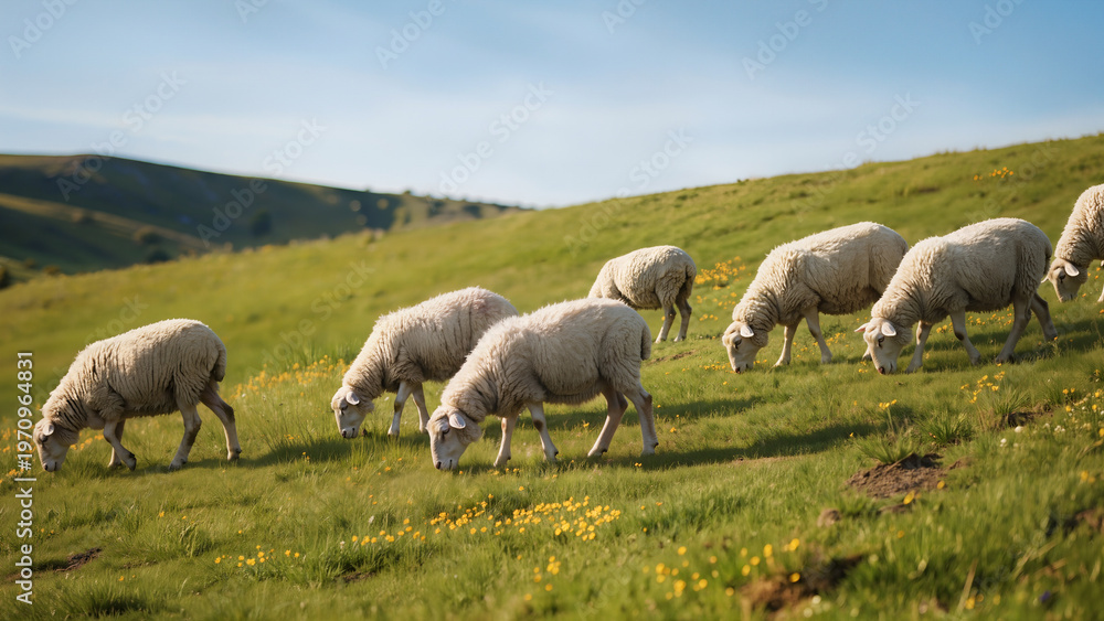 Fototapeta premium Sheep grazing on green hillside