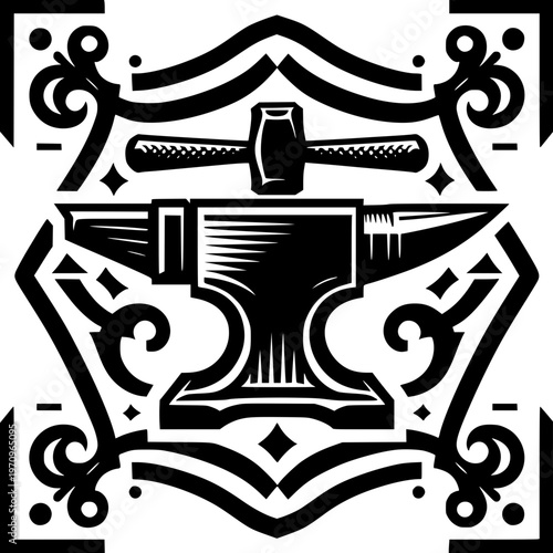 Forging Craftsmanship: A stylized emblem of blacksmithing, featuring a detailed anvil and hammer set within an ornate, geometric border, symbolizing strength and artisanal skill.