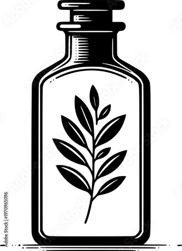 Botanical Essence: A stylized illustration showcases a vintage apothecary bottle, beautifully containing a detailed sprig of plant.