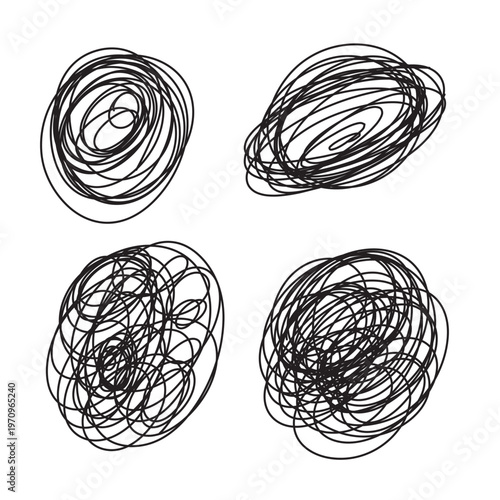 Doodle clew. Chaos lines, hand drawing tangled clew, insane mess scribble, confused brain thinking doodle, clutter complicated concept. Squiggles and scrawl vector set in eps 10.