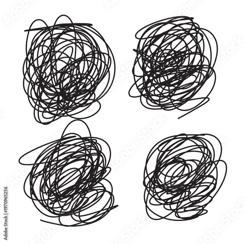 Doodle clew. Chaos lines, hand drawing tangled clew, insane mess scribble, confused brain thinking doodle, clutter complicated concept. Squiggles and scrawl vector set in eps 10.