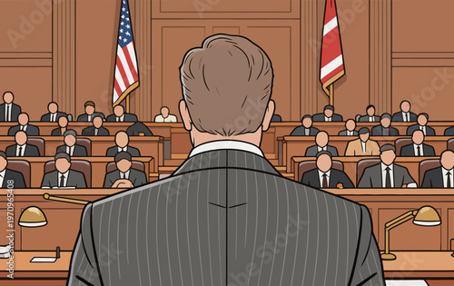 Courtroom scene with people listening from the benches while a man stands in front during legal proceedings