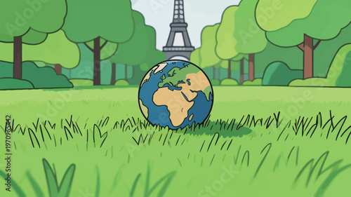 World globe sits on grass in park near Eiffel Tower in Paris during daytime surrounded by trees and open space