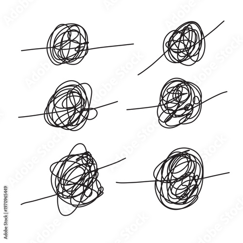 Doodle clew. Chaos lines, hand drawing tangled clew, insane mess scribble, confused brain thinking doodle, clutter complicated concept. Squiggles and scrawl vector set in eps 10.