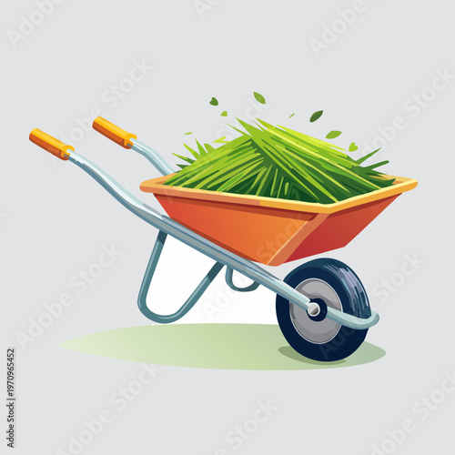 Wheelbarrow filled with freshly cut green grass, ready for gardening tasks.