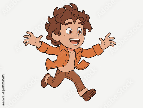 Child runs joyfully in a cartoon style with curly hair, wearing an orange jacket, brown pants, and smiling widely