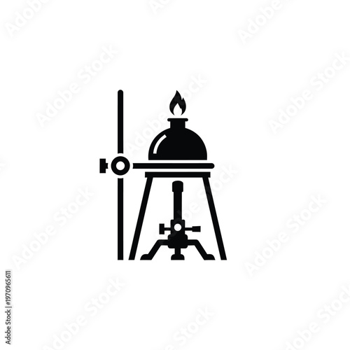 Bunsen burner with flask and stand.